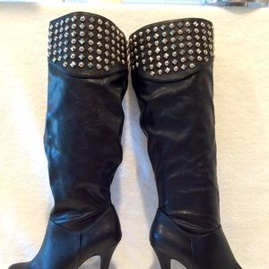 BCBG silver Studded Leather Tall Boots 6.5 Black